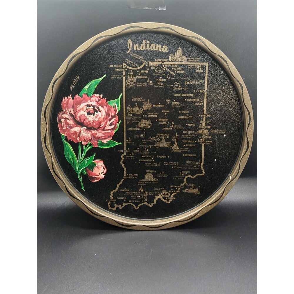 Vintage Indiana State Souvenir Metal Tray Gold Map & Peony MCM Travel 11 inch